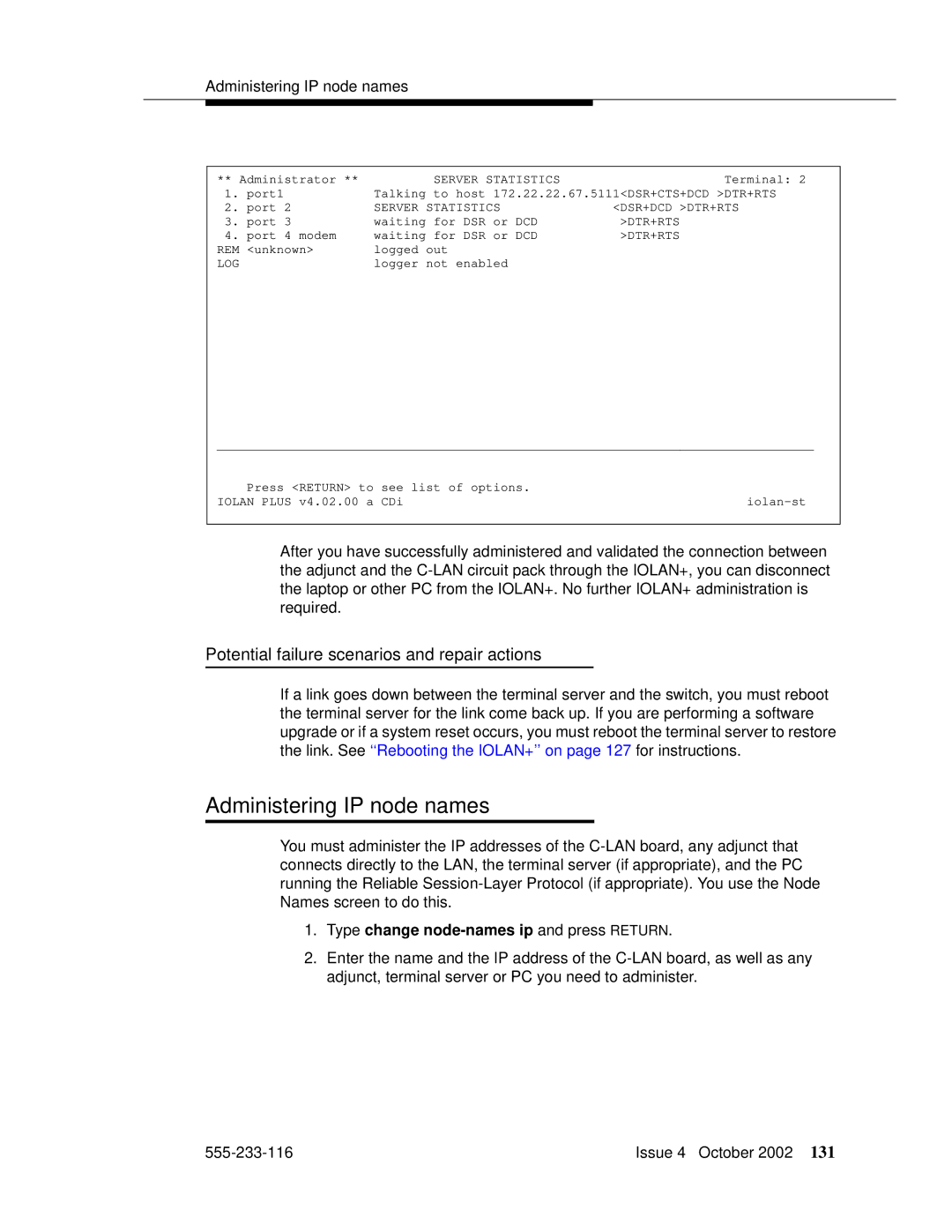 Avaya 555-233-116 manual Administering IP node names, Potential failure scenarios and repair actions 