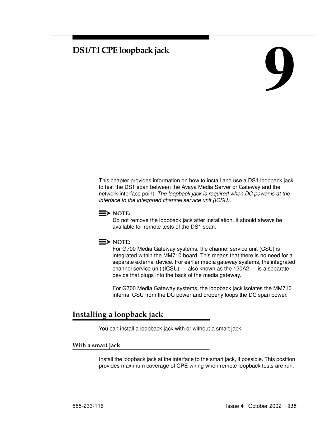 Avaya 555-233-116 manual DS1/T1 CPE loopback jack9, Installing a loopback jack, With a smart jack 