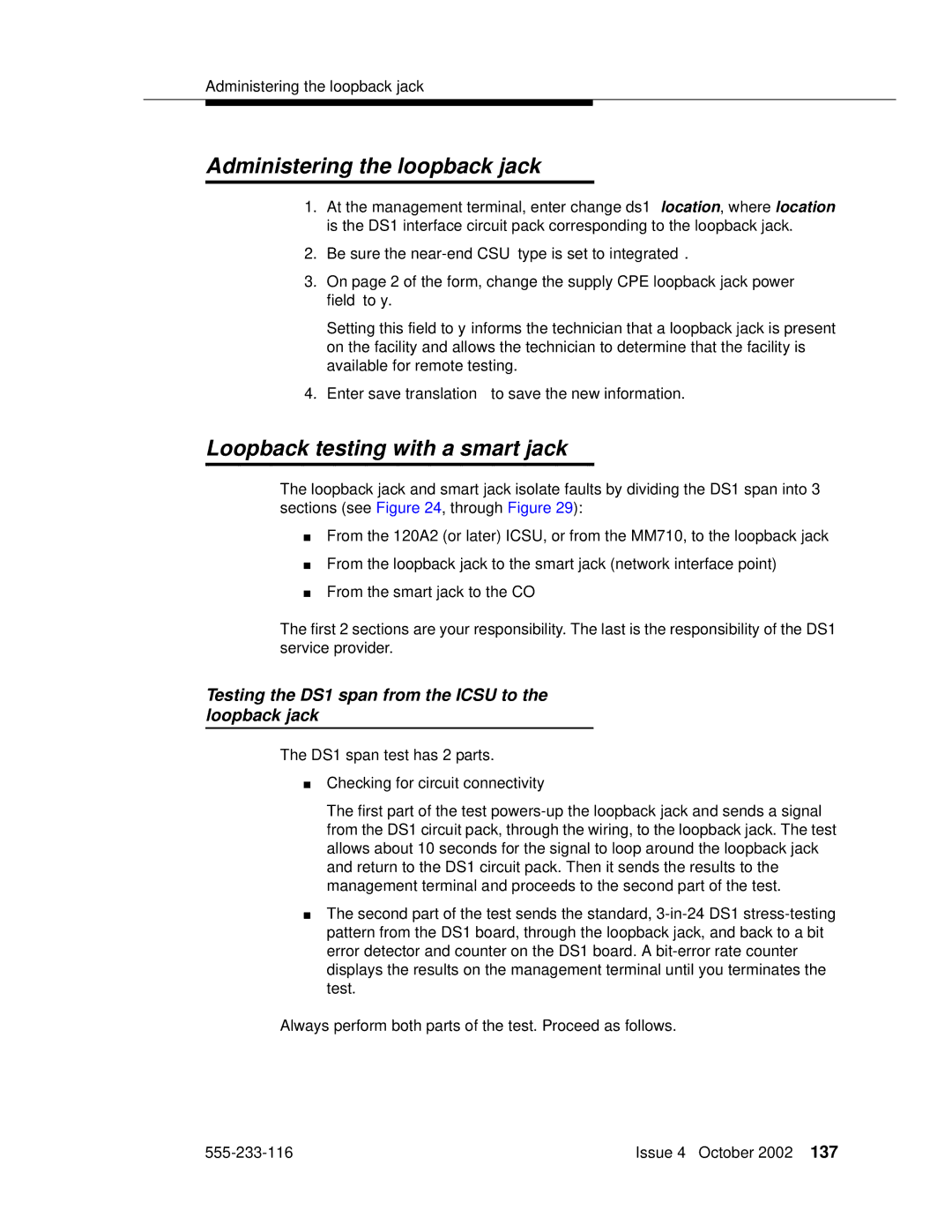 Avaya 555-233-116 manual Administering the loopback jack, Loopback testing with a smart jack 