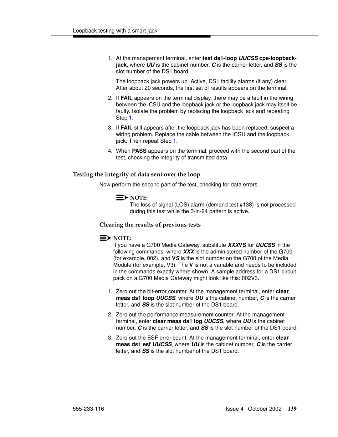 Avaya 555-233-116 manual Testing the integrity of data sent over the loop, Clearing the results of previous tests 