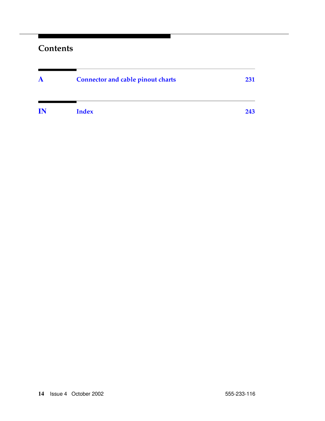 Avaya 555-233-116 manual Connector and cable pinout charts 231 Index 243 