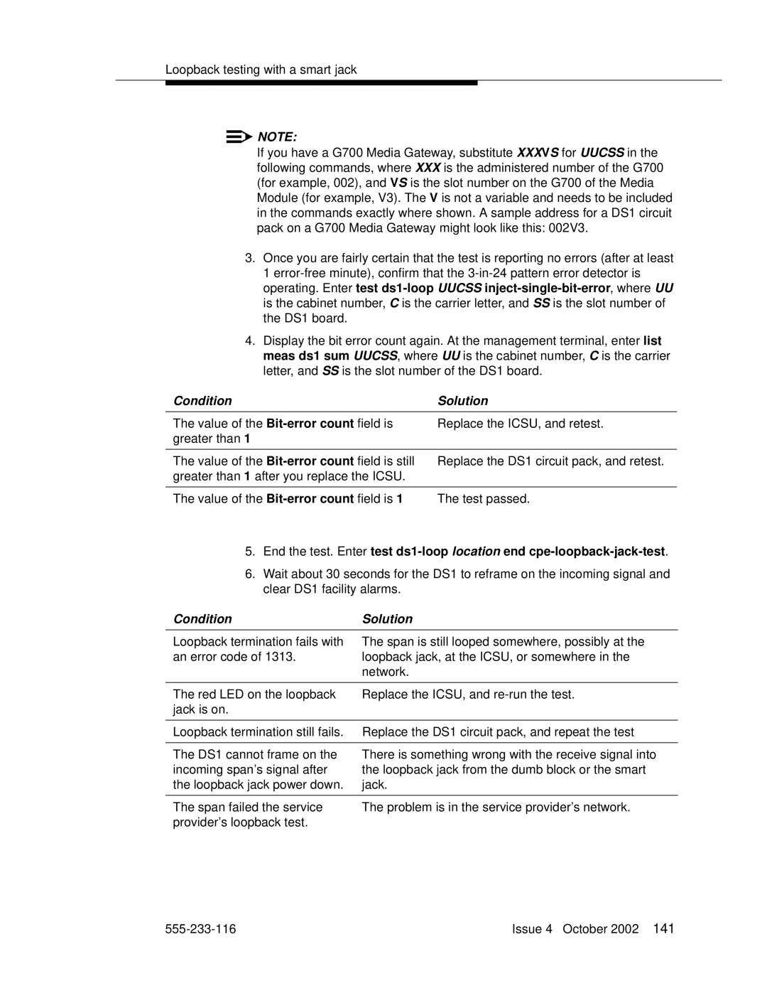 Avaya 555-233-116 manual Condition Solution 