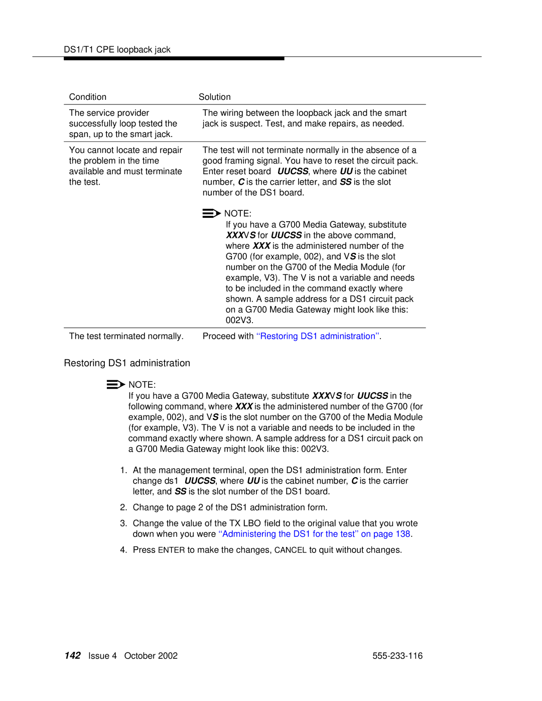 Avaya 555-233-116 manual Restoring DS1 administration, ConditionSolution 