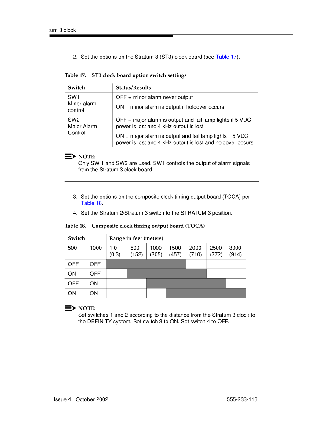 Avaya 555-233-116 manual ST3 clock board option switch settings Switch Status/Results 
