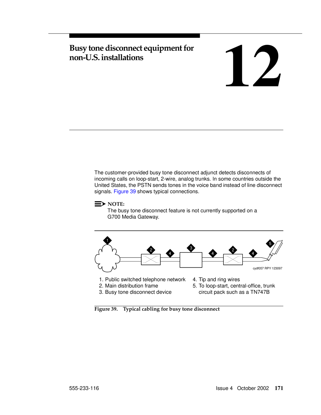 Avaya 555-233-116 Busy tone disconnect equipment for Non-U.S. installations12, Typical cabling for busy tone disconnect 