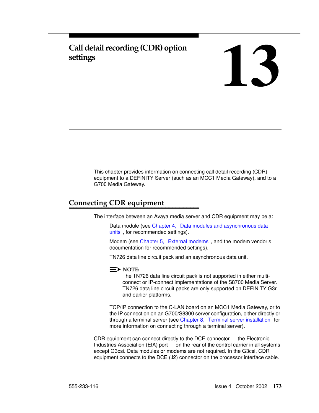 Avaya 555-233-116 manual Call detail recording CDR option Settings, Connecting CDR equipment 