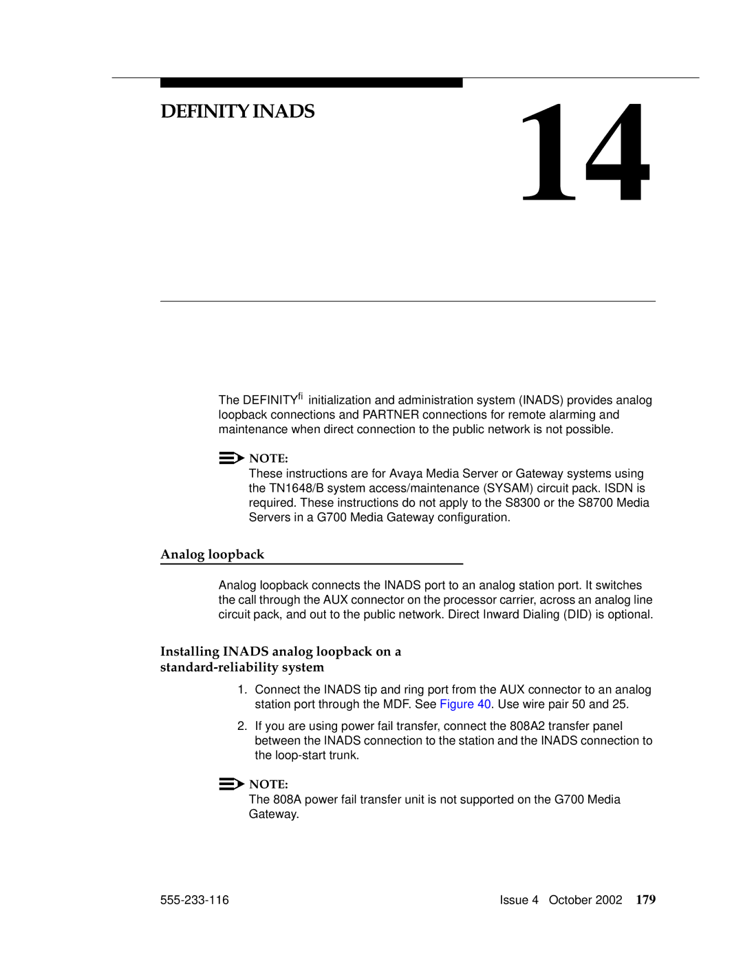 Avaya 555-233-116 manual Definity INADS14, Analog loopback 