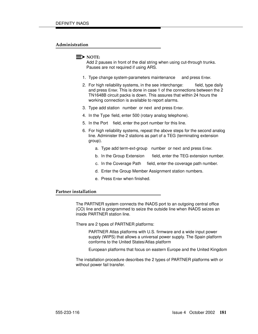 Avaya 555-233-116 manual Administration, Partner installation, Type change system-parameters maintenance and press Enter 