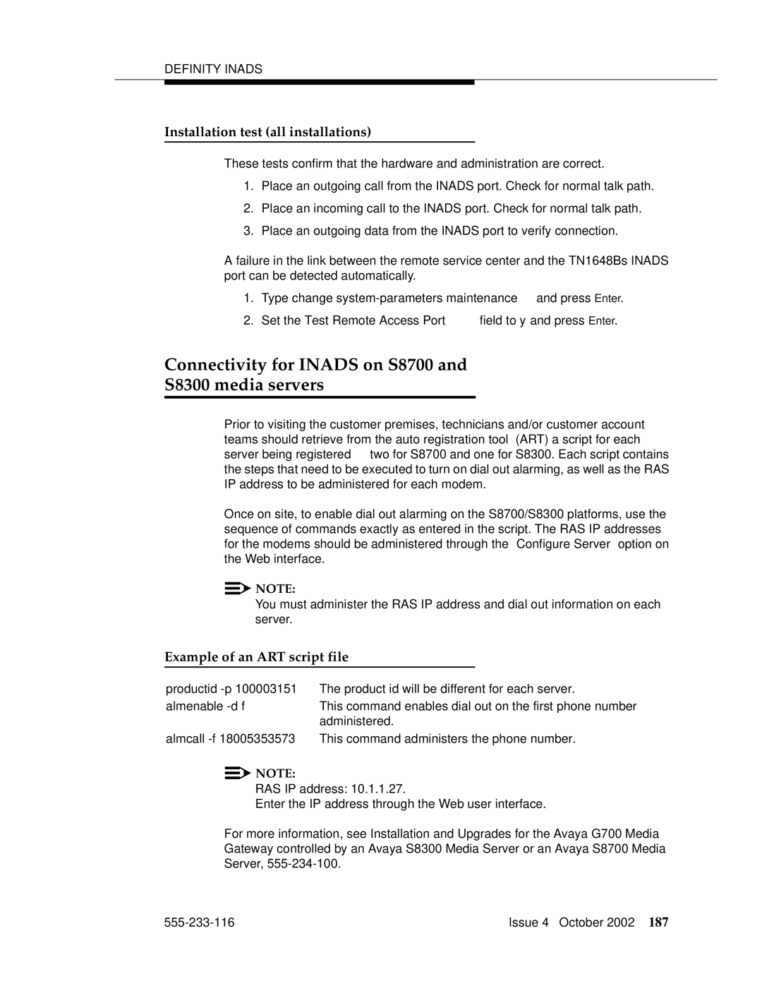 Avaya 555-233-116 manual Connectivity for Inads on S8700 S8300 media servers, Installation test all installations 