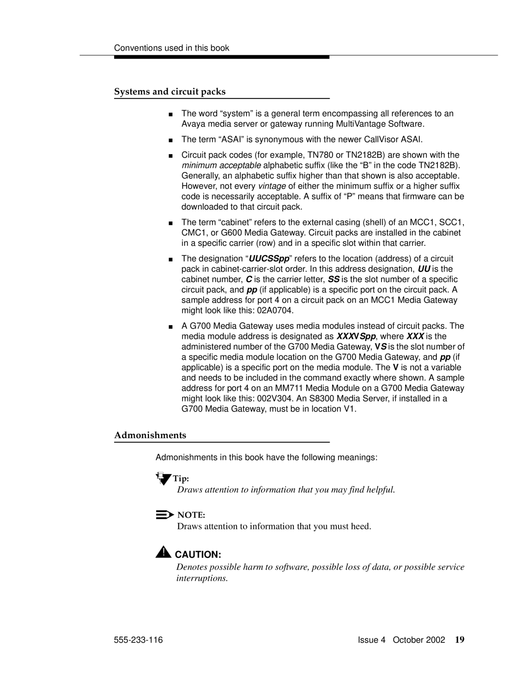 Avaya 555-233-116 manual Systems and circuit packs, Admonishments 