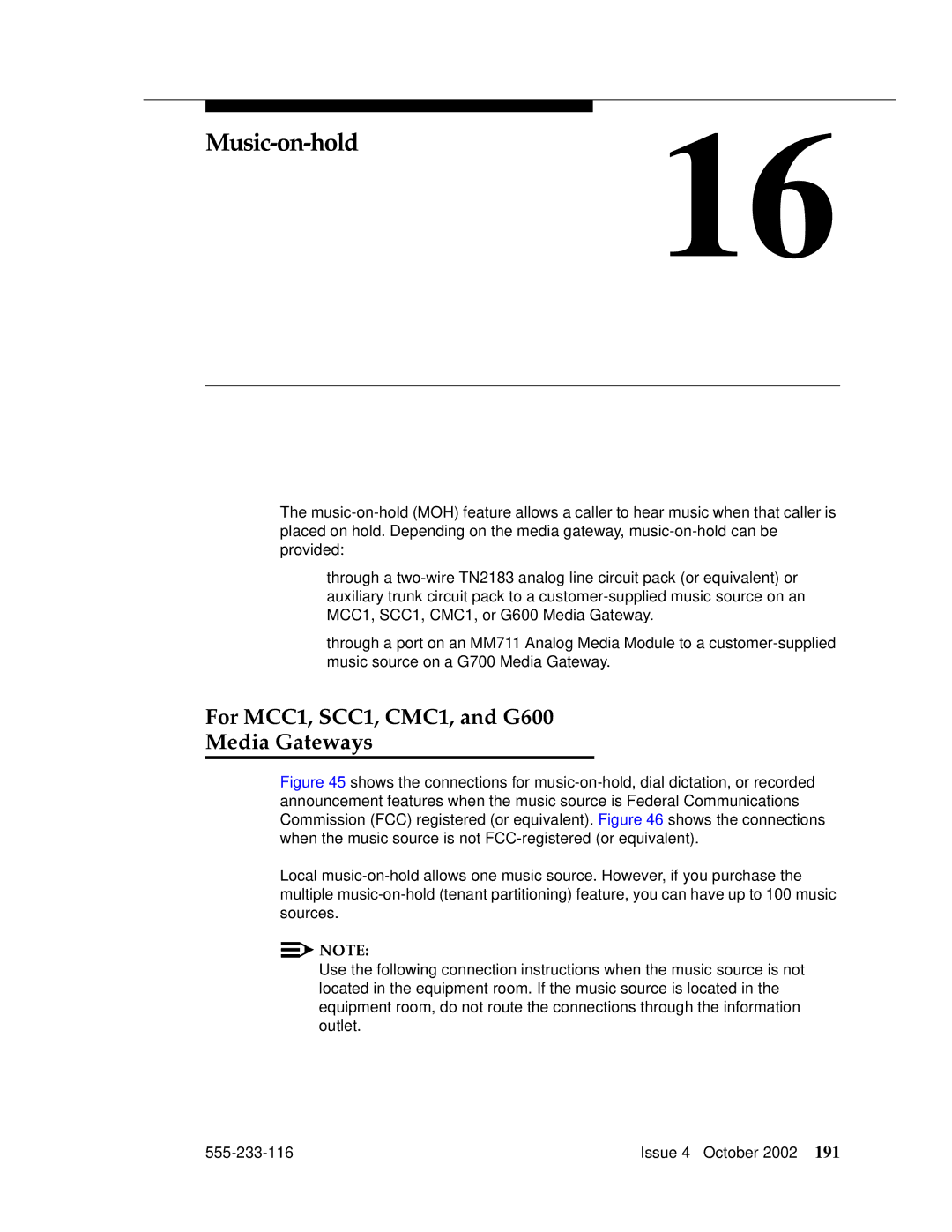 Avaya 555-233-116 manual Music-on-hold, For MCC1, SCC1, CMC1, and G600 Media Gateways 