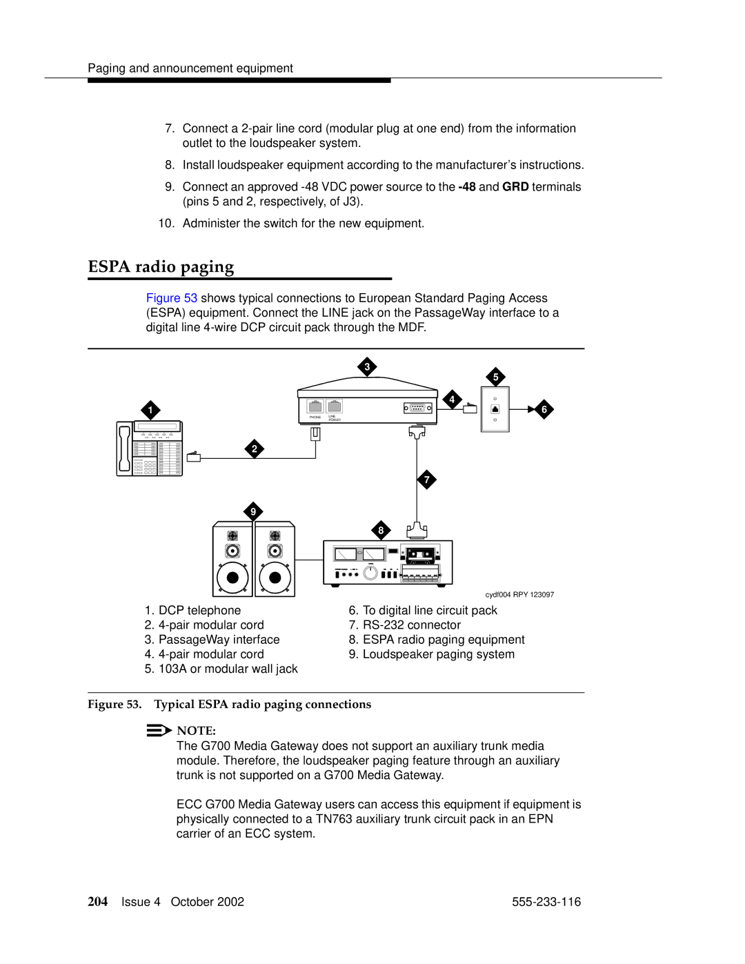 Avaya 555-233-116 manual Typical Espa radio paging connections 