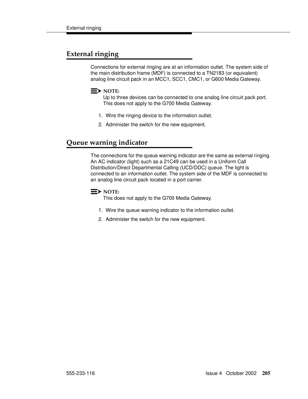 Avaya 555-233-116 manual External ringing, Queue warning indicator 