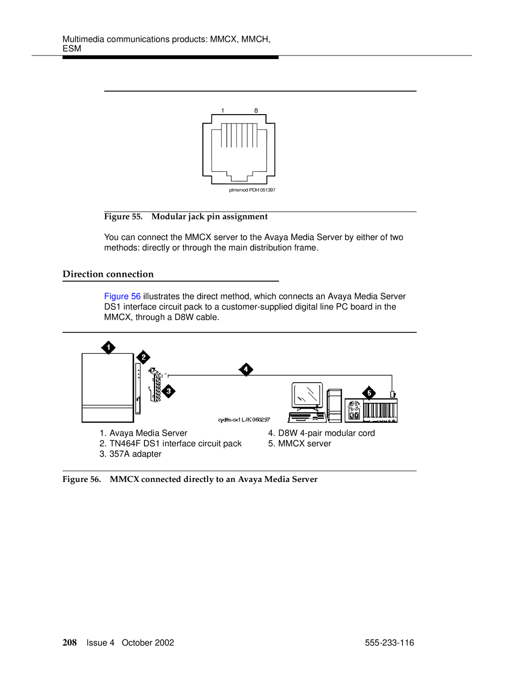 Avaya 555-233-116 manual Direction connection, Modular jack pin assignment 