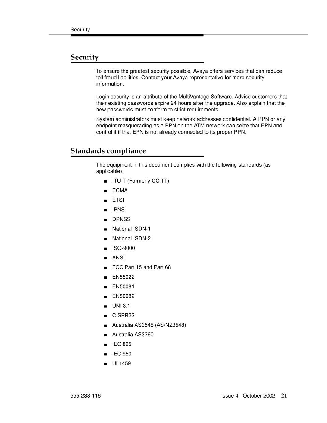 Avaya 555-233-116 manual Security, Standards compliance 