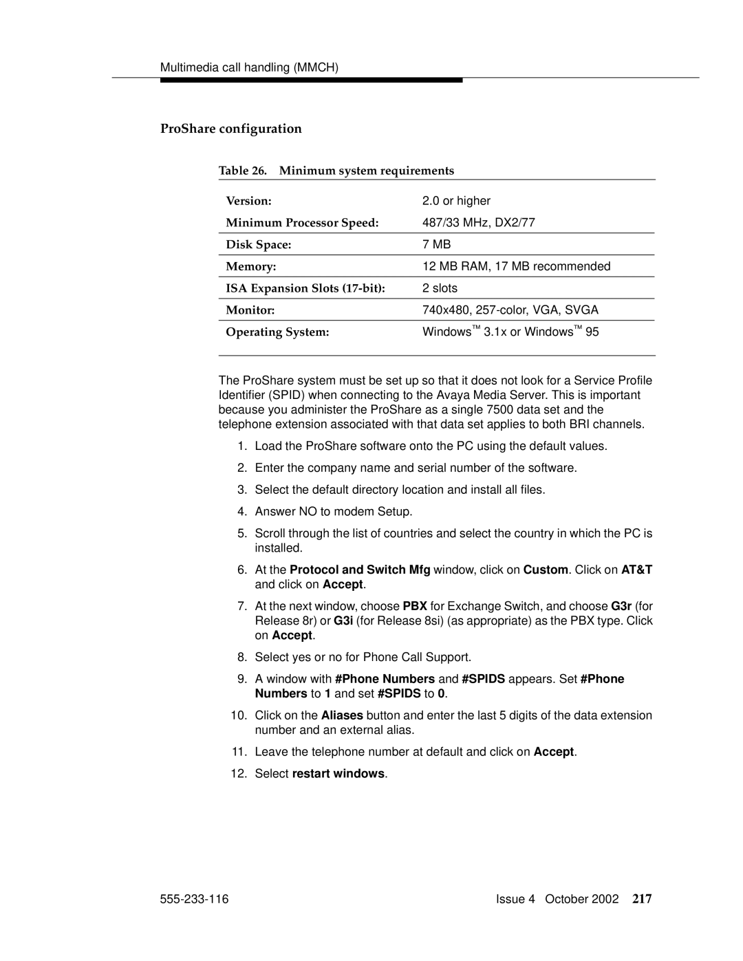 Avaya 555-233-116 manual ProShare configuration, Select restart windows 