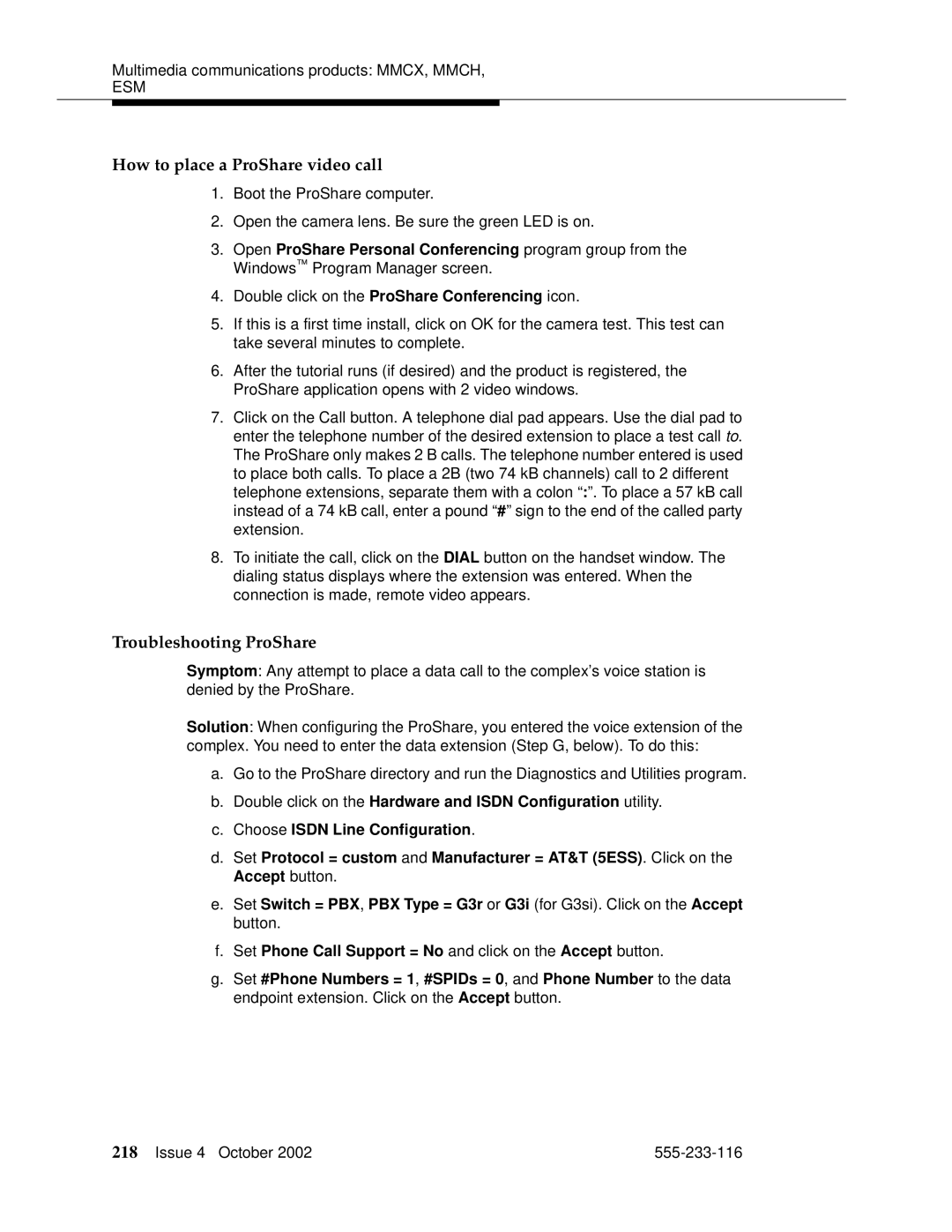 Avaya 555-233-116 manual How to place a ProShare video call, Troubleshooting ProShare 