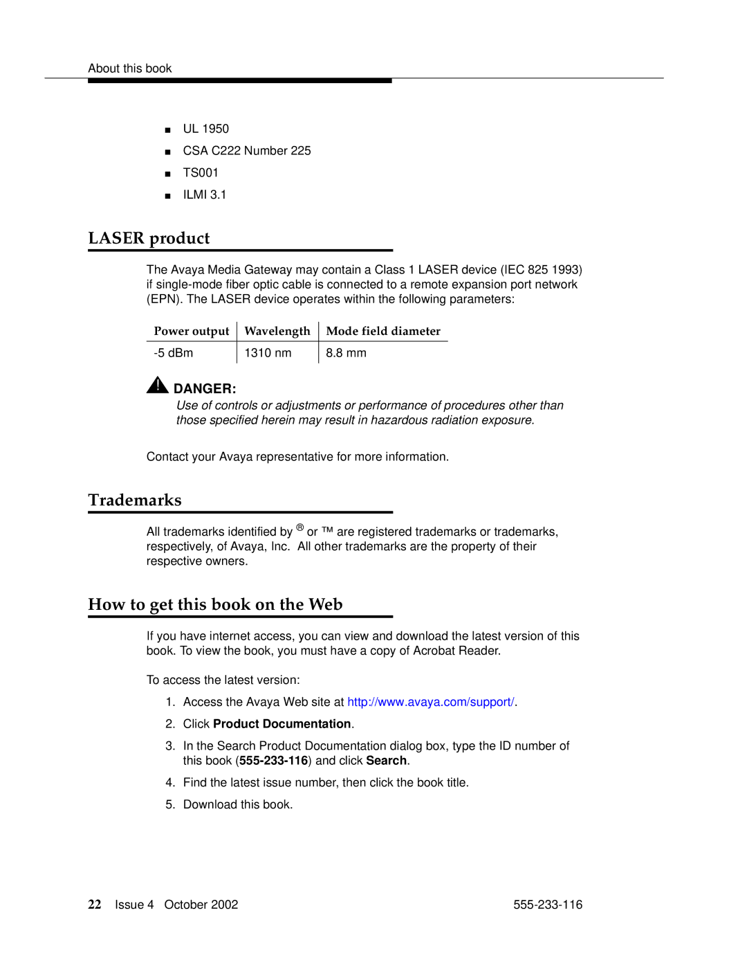 Avaya 555-233-116 manual Laser product, Trademarks, How to get this book on the Web, Click Product Documentation 