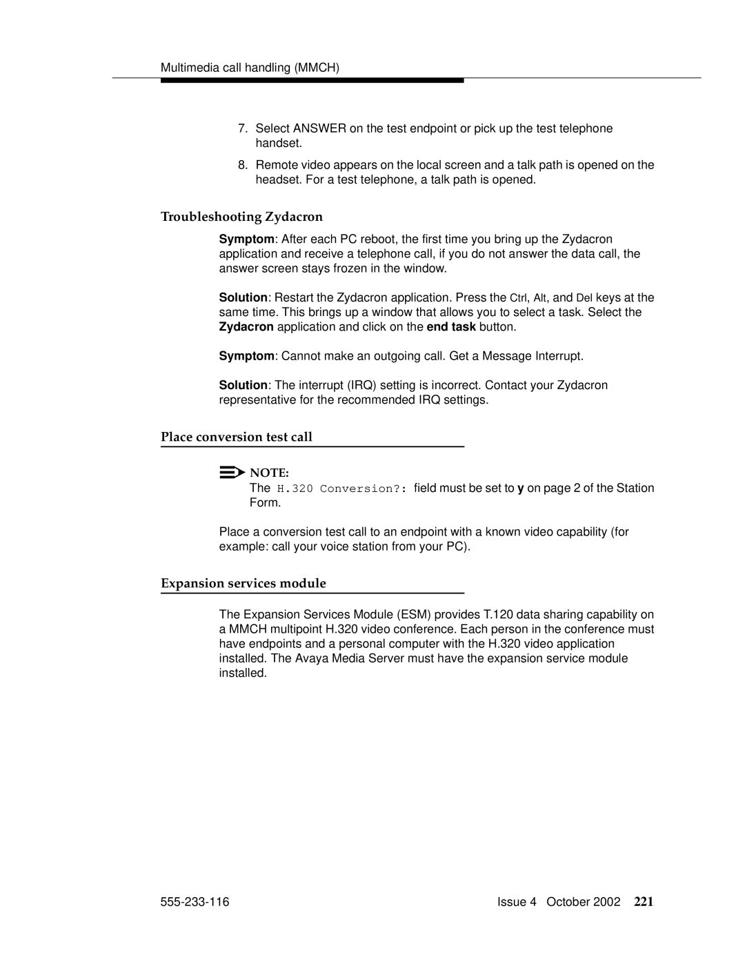 Avaya 555-233-116 manual Troubleshooting Zydacron, Place conversion test call, Expansion services module 