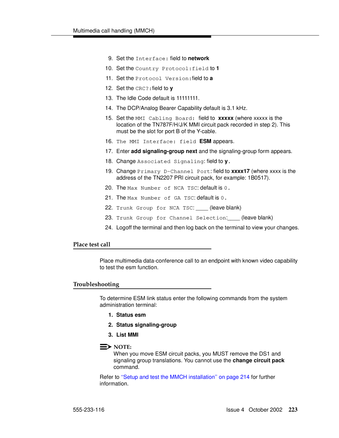 Avaya 555-233-116 manual Place test call, Troubleshooting, Status esm Status signaling-group List MMI 