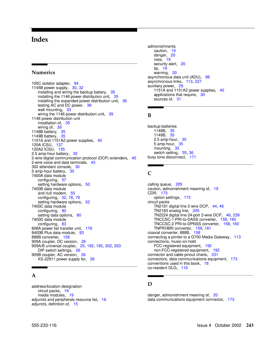 Avaya 555-233-116 manual Index, Numerics 