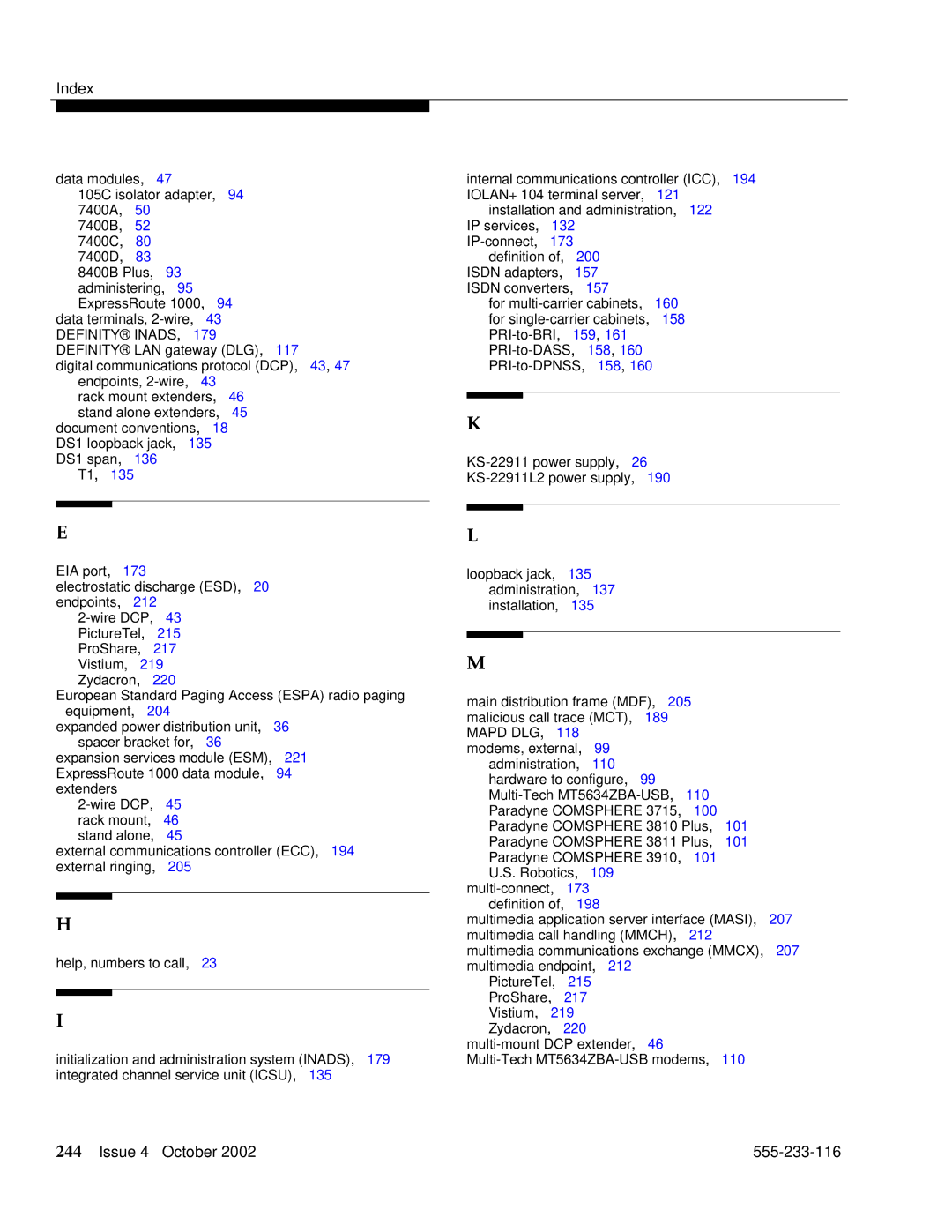 Avaya 555-233-116 manual Index 