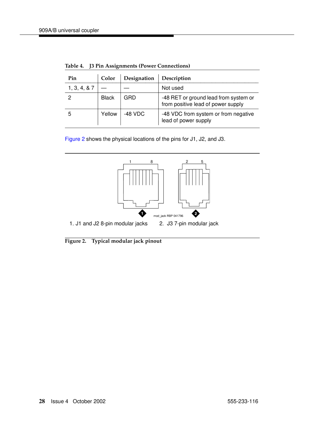 Avaya 555-233-116 manual Typical modular jack pinout 