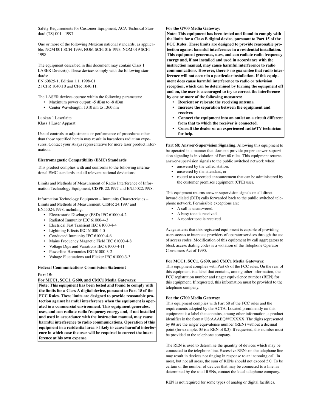 Avaya 555-233-116 manual Electromagnetic Compatibility EMC Standards 