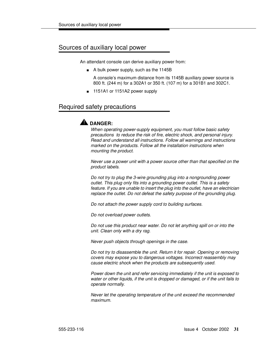 Avaya 555-233-116 manual Sources of auxiliary local power, Required safety precautions 