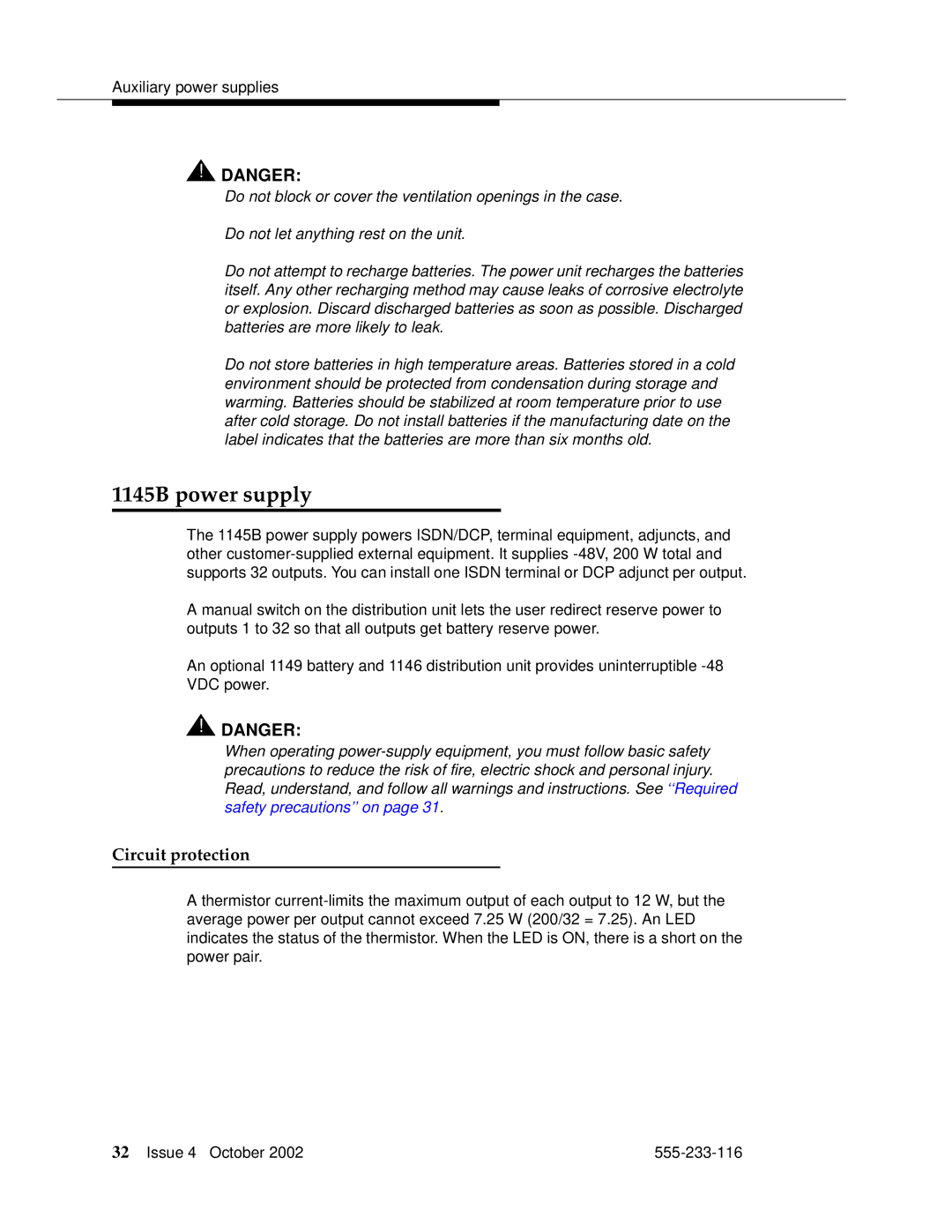 Avaya 555-233-116 manual 1145B power supply, Circuit protection 