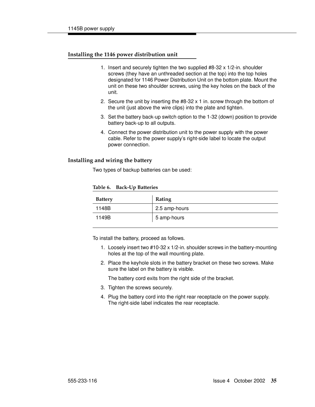 Avaya 555-233-116 manual Installing the 1146 power distribution unit, Installing and wiring the battery 