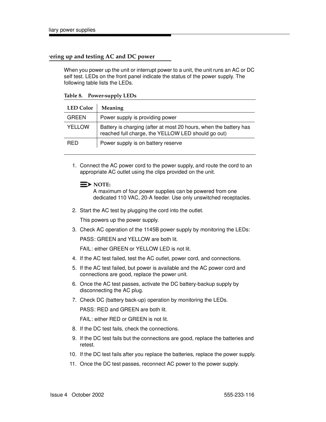 Avaya 555-233-116 manual Powering up and testing AC and DC power, Power-supply LEDs LED Color Meaning 