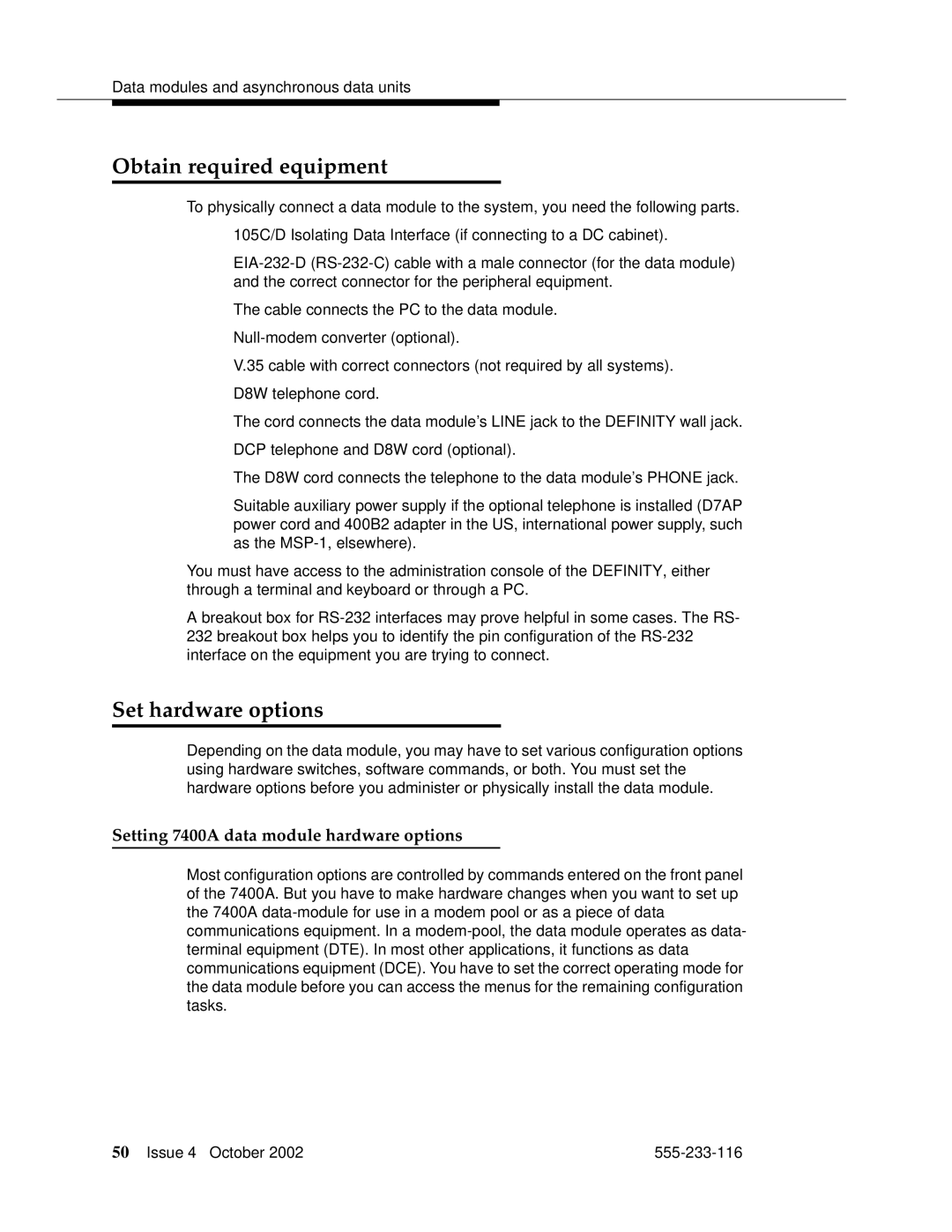 Avaya 555-233-116 manual Obtain required equipment, Set hardware options, Setting 7400A data module hardware options 