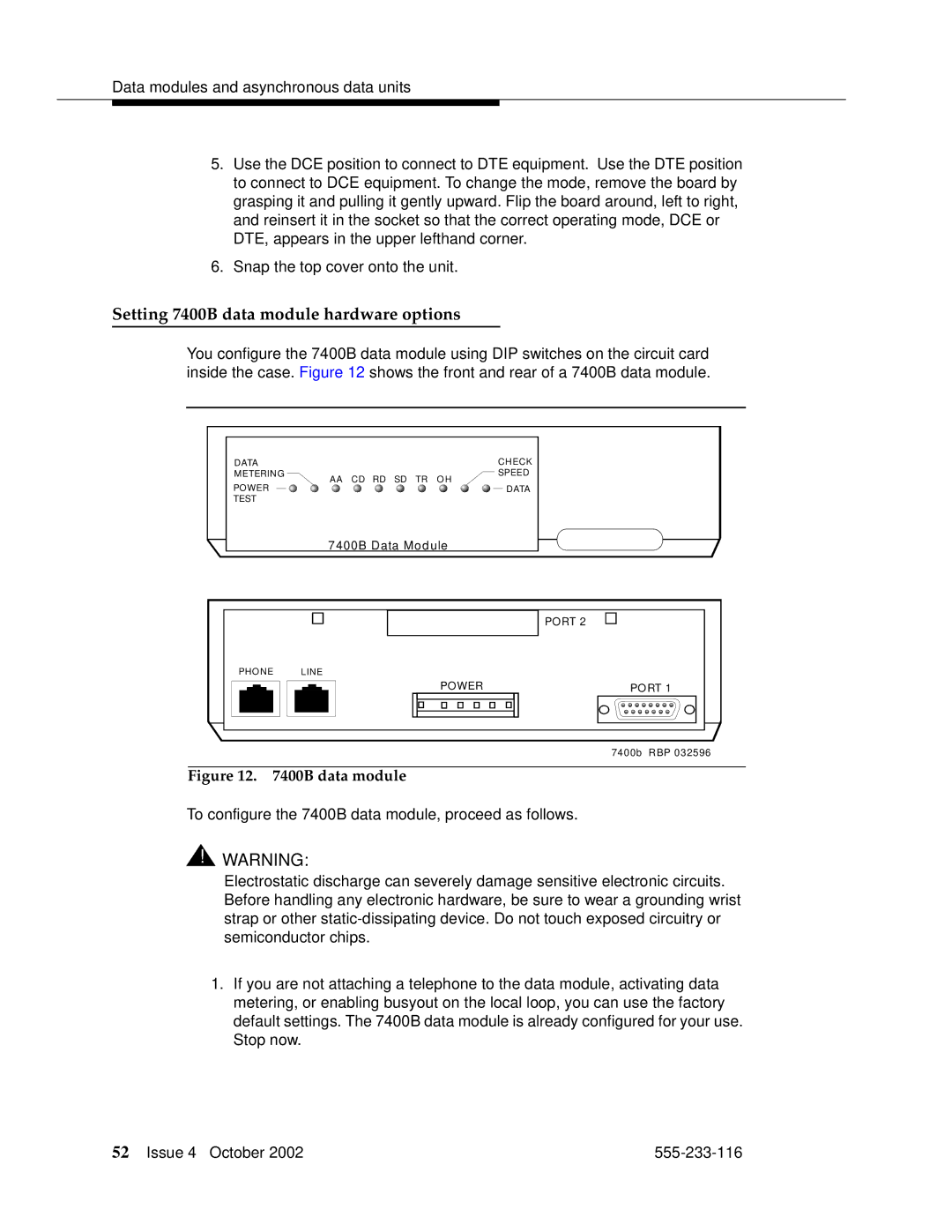 Avaya 555-233-116 manual Setting 7400B data module hardware options, Data module 