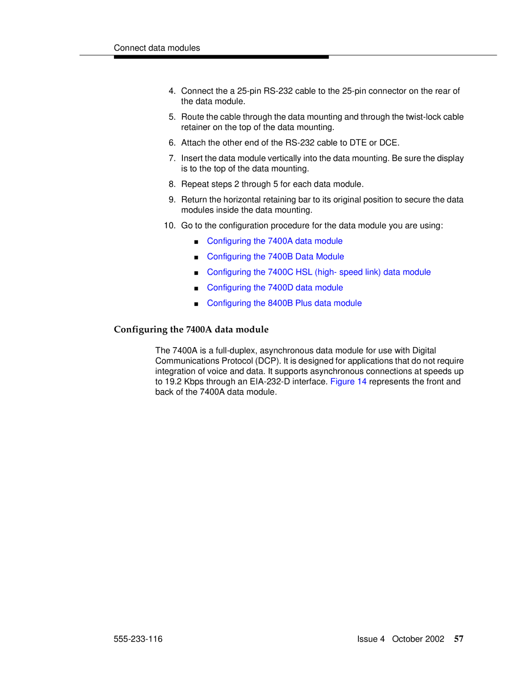 Avaya 555-233-116 manual Configuring the 7400A data module 