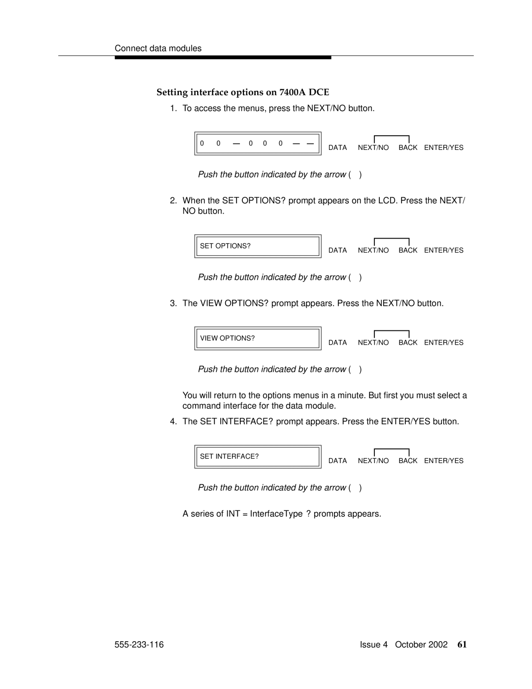 Avaya 555-233-116 manual Setting interface options on 7400A DCE 