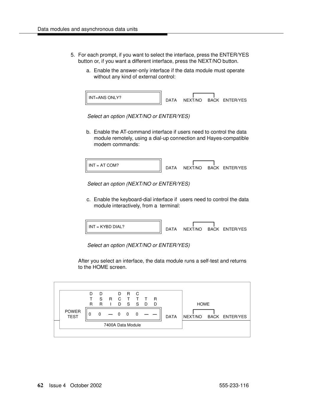 Avaya 555-233-116 manual Select an option NEXT/NO or ENTER/YES 