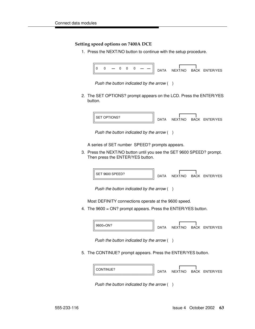 Avaya 555-233-116 manual Setting speed options on 7400A DCE 