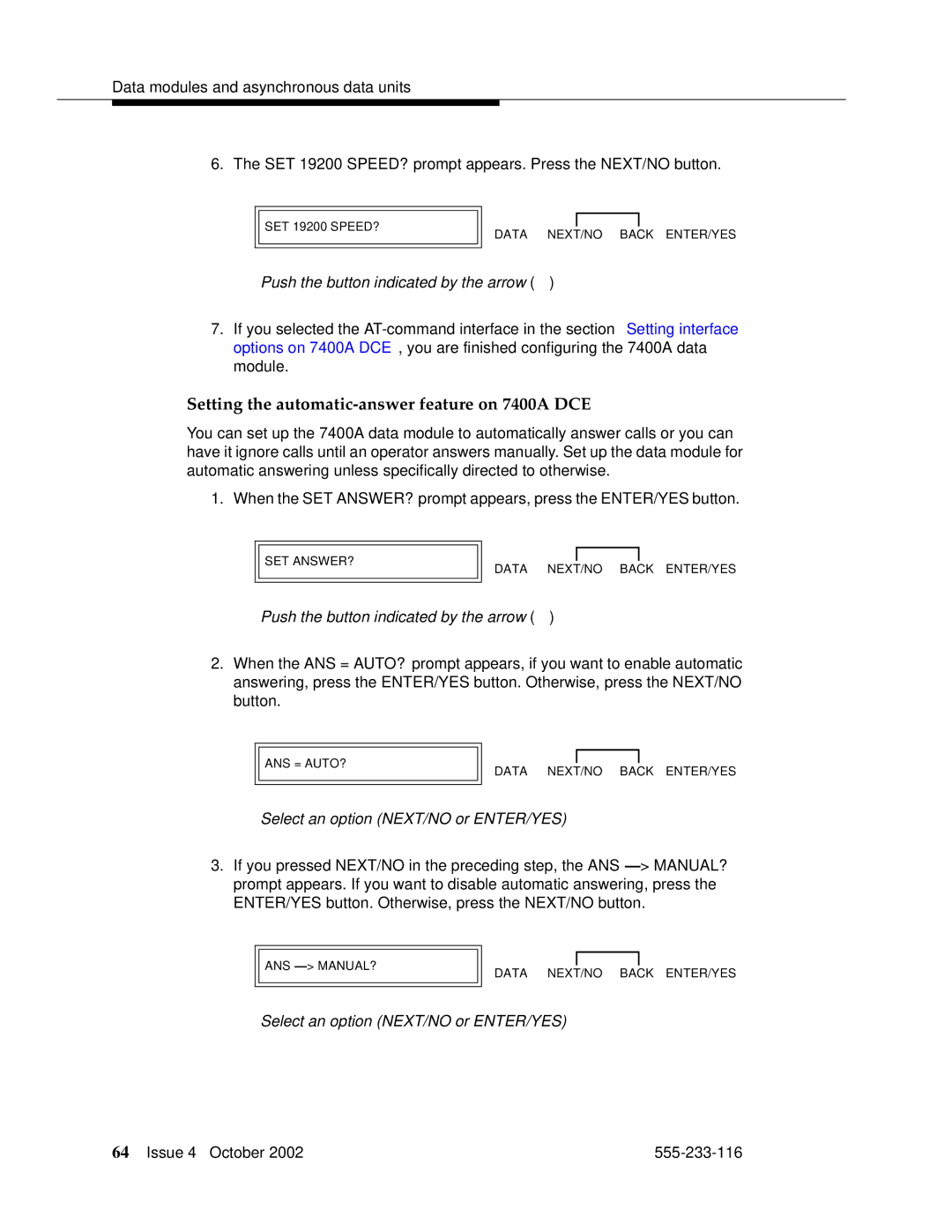 Avaya 555-233-116 manual Setting the automatic-answer feature on 7400A DCE 