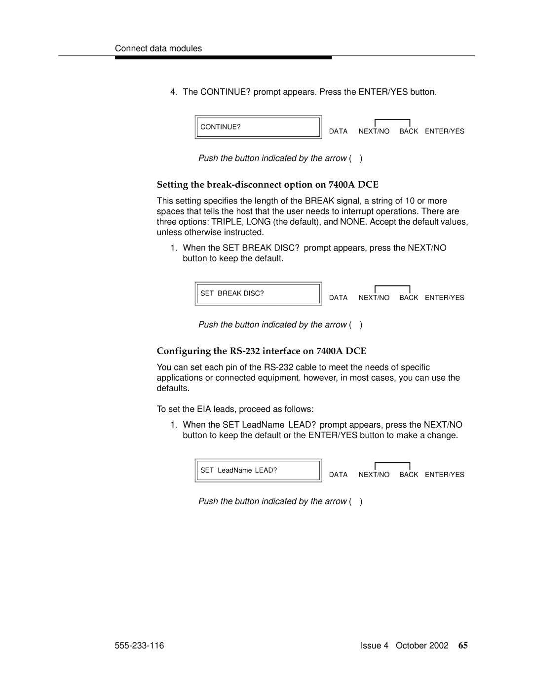 Avaya 555-233-116 manual Setting the break-disconnect option on 7400A DCE, Configuring the RS-232 interface on 7400A DCE 