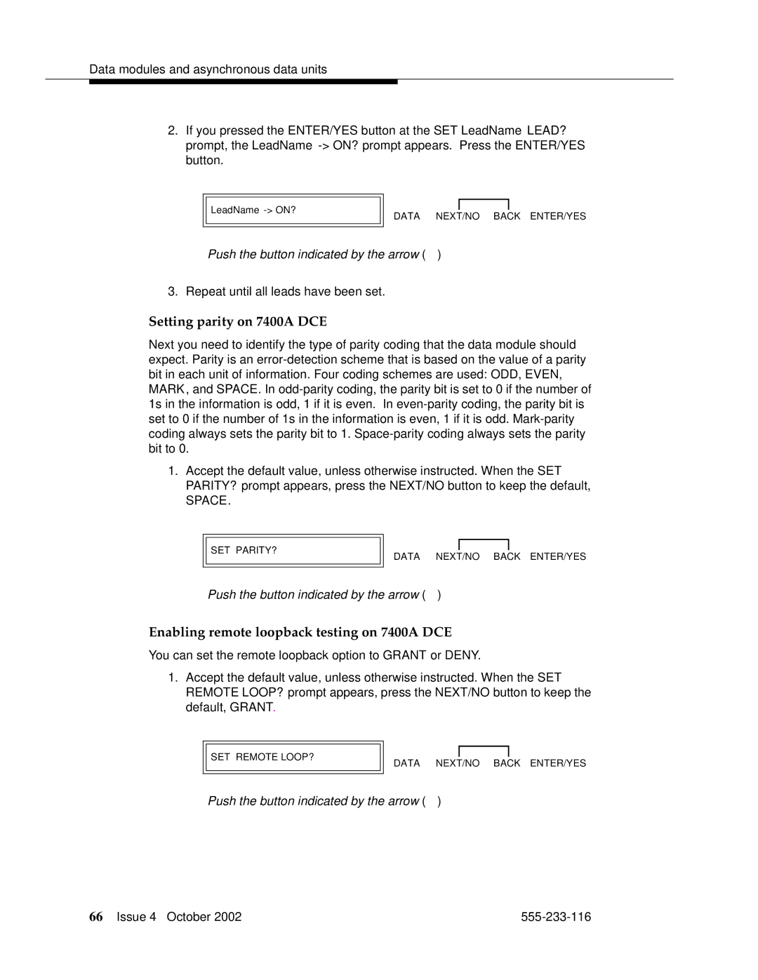 Avaya 555-233-116 manual Setting parity on 7400A DCE, Enabling remote loopback testing on 7400A DCE 