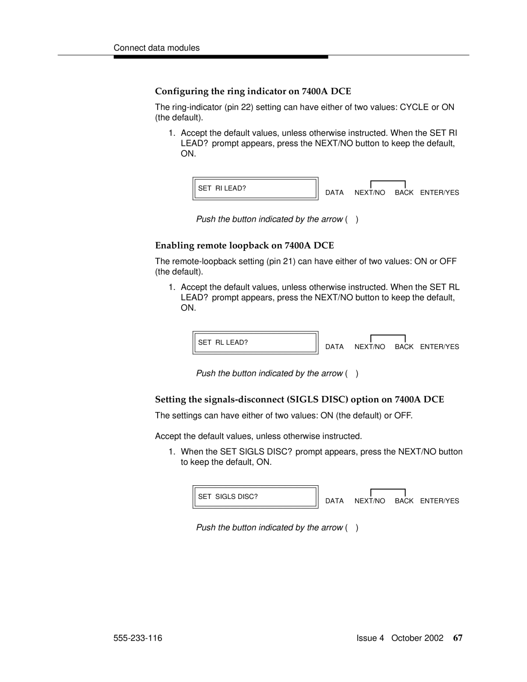 Avaya 555-233-116 manual Configuring the ring indicator on 7400A DCE, Enabling remote loopback on 7400A DCE 