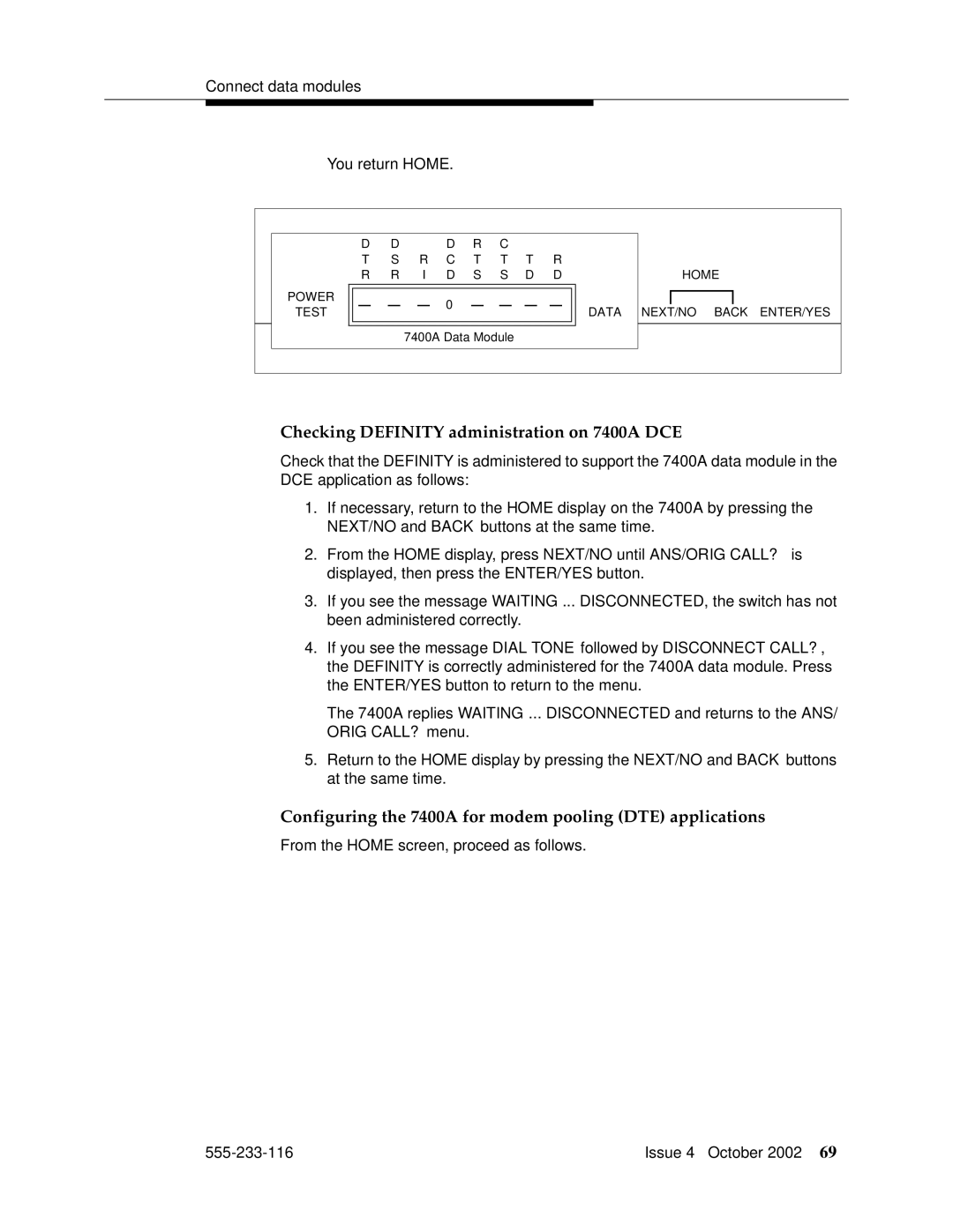 Avaya 555-233-116 Checking Definity administration on 7400A DCE, Configuring the 7400A for modem pooling DTE applications 