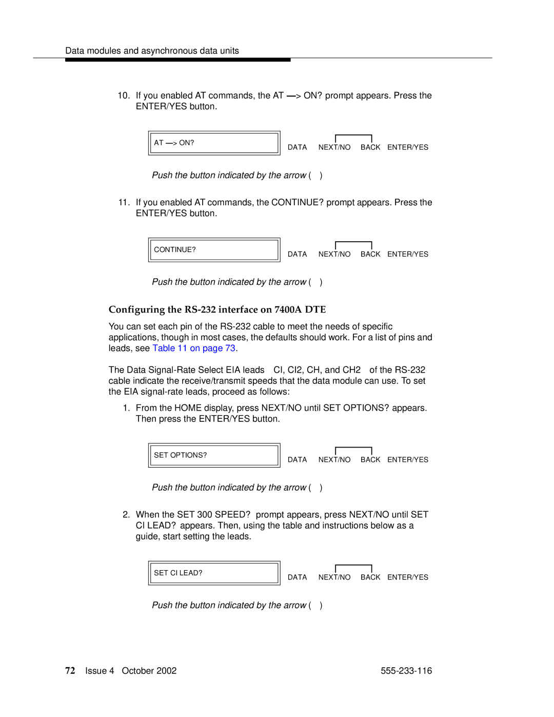 Avaya 555-233-116 manual Configuring the RS-232 interface on 7400A DTE 