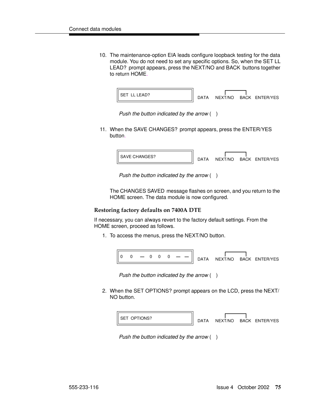 Avaya 555-233-116 manual Restoring factory defaults on 7400A DTE 