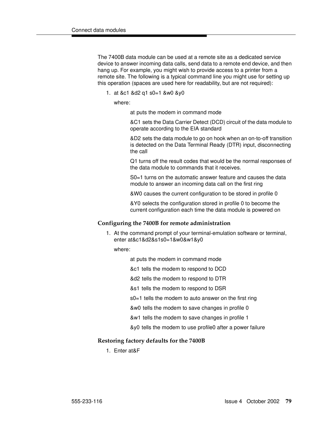 Avaya 555-233-116 manual Configuring the 7400B for remote administration, Restoring factory defaults for the 7400B 