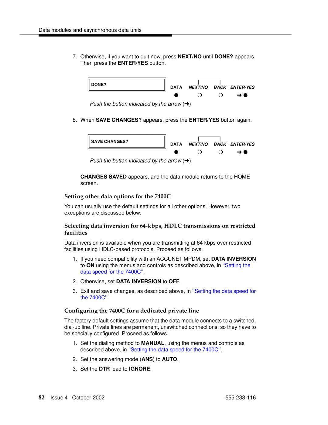 Avaya 555-233-116 manual Setting other data options for the 7400C, Configuring the 7400C for a dedicated private line 