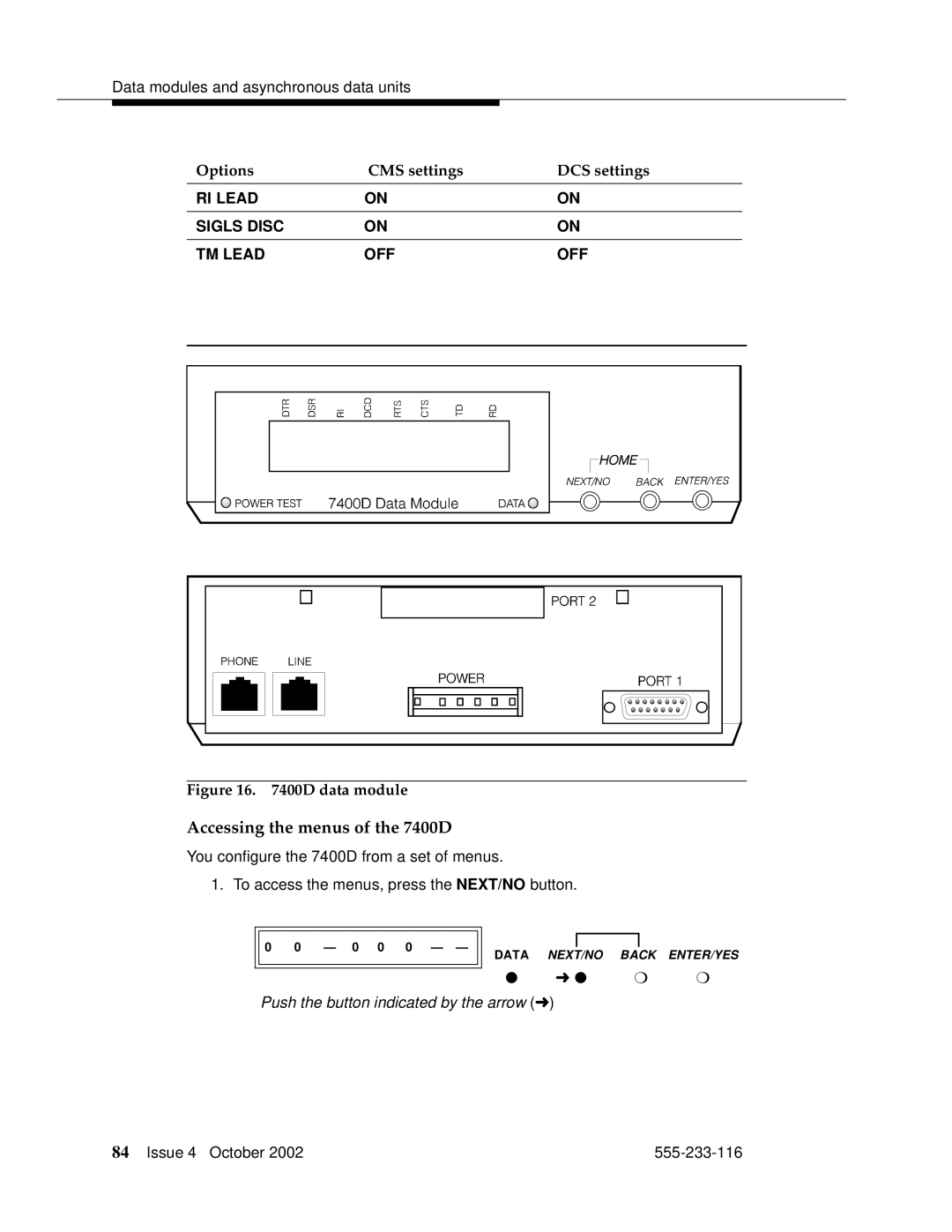 Avaya 555-233-116 manual Accessing the menus of the 7400D, Data module 