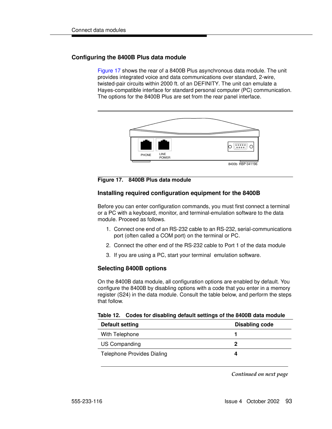 Avaya 555-233-116 manual Configuring the 8400B Plus data module, Installing required configuration equipment for the 8400B 