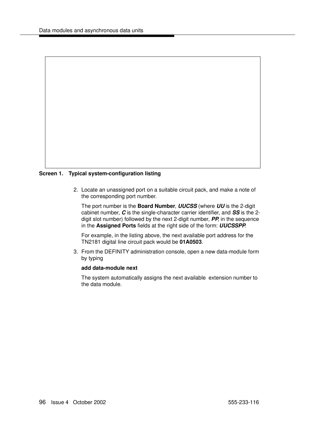 Avaya 555-233-116 manual Screen 1. Typical system-configuration listing, Add data-module next 